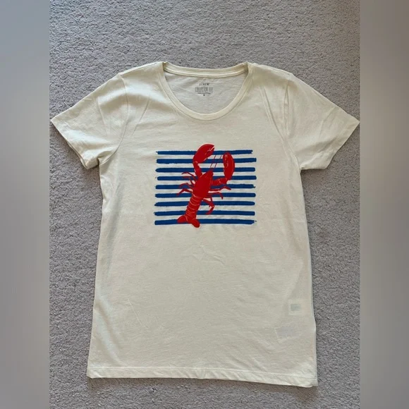 J. Crew Beige Tee with Red Lobster and Blue Stripes - Picture 1 of 1